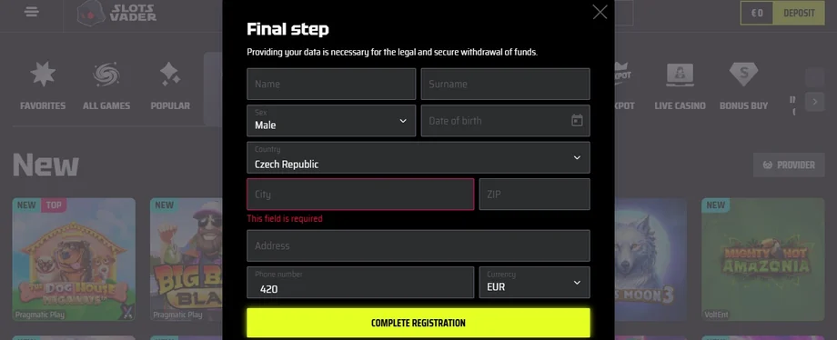 Vyplňte registrační formulář kasina.